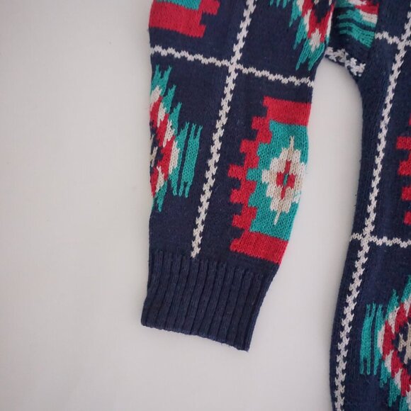 Vintage '90S Rivertrader Navy Knit Teal Red Aztec Cotton Blend  Crew Sweater L - Picture 10 of 12